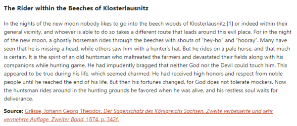 German folk tale "The Rider within the Beeches of Klosterlausnitz". Drop me a line if you want a machine-readable transcript!