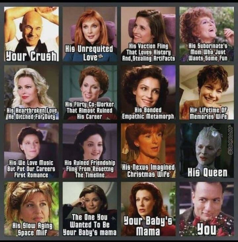 Matrix of 4x4 = 16 pics with characters from Star Trek.
1: Picard "Your Crush"
2: His Unrequited Love
3: His vacation fling that loves history and stealing artifacts
4: His subordinate's mom who just wants some fun
5: His heartbroken love he ditched for duty
6: His flirty co-worker that almost ruined his career
7: His bonded empathic Metamorph
8: His Lifetime Of Memories Wife
9: His we love music but put our careers first romance
10: His ruined friendship fling from resetting the timeline
11: His nexus imagined christmas wife
12: His Queen
13: His slow aging space milf
14: The one you wanted to be your baby's mama
15: Your baby's mama
16: You