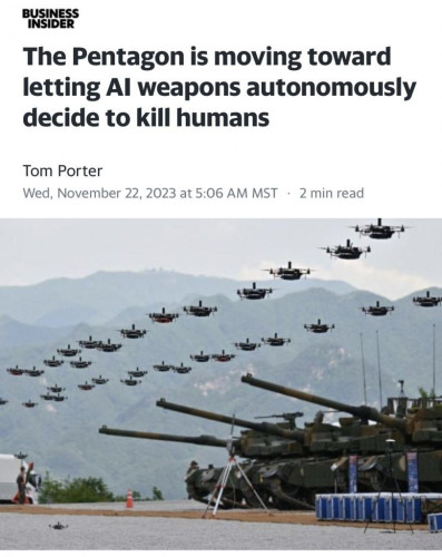 Screenshot of the story's title in Business Insider.

Title: Revolution might not be televised, but apparently genocide will be mathwashed.

Byline: Tom Porter

Published: November 22, 2023

Header image shows tanks on the ground and a swarm of drones in the air.