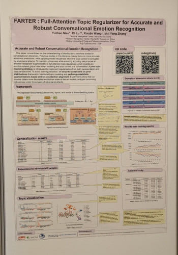 A photo an academic poster entitled: "FARTER: Full-Attention Topic Regularizer for Accurate and Robust Conversational Emotion Recognition"