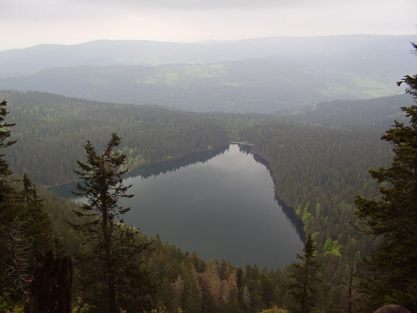 Looking down upon Černé Jezero, or Black Lake, in Czechia, a triangle-shaped lake