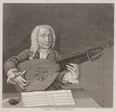 Engraving portrait of composer Adam Falckenhagen. He is seated and playing a baroque lute. He was at the court of Wilhelmina, sister of Frederic the Great.