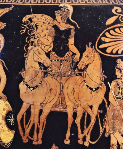 Red-figure vase painting of Ares riding a war chariot in a rare fronal view. He is wearing a black breast-plate and a crested helmet and a star-pattern cloak. Beside him, one of his amazon daughters stands holding a spear.