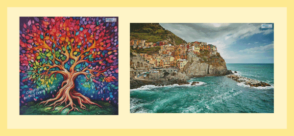 Two cross stitch pattern preview images side by side. 

The first is a gnarled, cartoonish tree with extravagant leaves bursting in a gradient of bright colours from blue and green at the branches, to red and purple at the edges. 

The second is a coastal scene from Manarola, Italy, with the ocean lapping at sheer cliffs on top of which a colourful town is precariously perched.