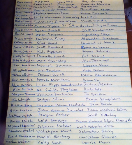 This is an image of a large lined notepad. Each line lists at least three and sometimes four authors. You can tell I started with just two columns, and then started filling in any space I could find above, below, and to the side of the margins. There are a least 100 authors on the list.