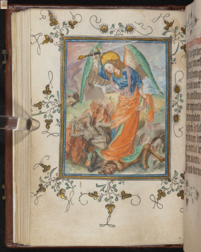 f.69v, A miniature from a book of Hours, the archangel michael striking down at a demon.