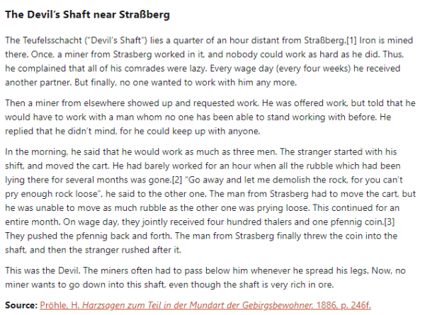 German folk tale "The Devil’s Shaft near Straßberg". Drop me a line if you want a machine-readable transcript!