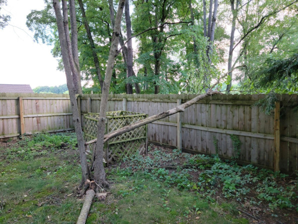 A tree that has been knocked down and is laying on top of a wooden fence