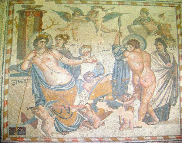Mosaic with Aphrodite and "Kharis", one of the Graces, on the left and Ares, leaning on his spear on the right. A personification of Egypt stands beside him. His children with Aphrodite, the Erotes, take away his round aspis shield and his sword.