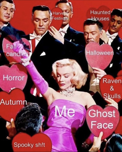Marilyn Monroe standing in a pink dress surrounded by suitors carrying giant hearts but each of the hearts says something about spooky time (Halloween, Horror, Autumn, Spooky Shit, Haunted Houses, Fall candles, Ghost Face)