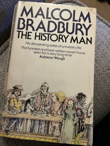 Front cover of The History Man by Malcolm Bradbury featuring a drawing of a number of characters enjoying a party