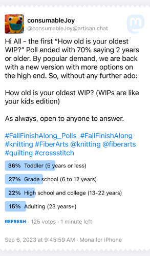 How old are your WIPs (WIPs are your kids edition)
36% toddler (5 years or less)
27% grade school (6 to 12 years)
22% High school and college (13-22 years)
15% Adulting (23 years+)
125 votes