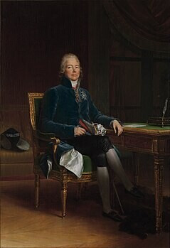 Portrait of Charles Maurice Tayllerand showing him sitting at a golden desk.