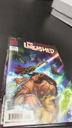 Pic of the cover. Throg, Redwing, Chewie, Lucky, Lockjaw, and a dog in a green aura charge upward. While the spector of Kraven the hunter looms over them.