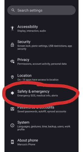 The settings menu with "safety & emergency" circled in red.