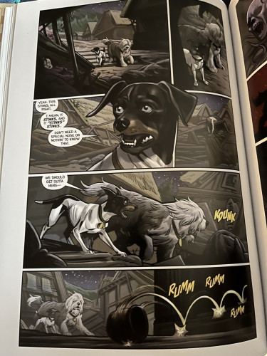In this page from Beasts of Burden: Occupied Territory graphic novel, the wise dog Emrys and his new friend Mullins explore a spooky village 