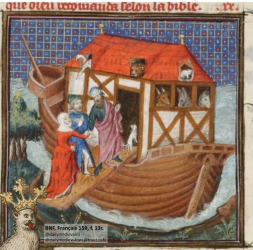 Picture from a medieval manuscript: The picture shows Noah’s ark with a cat in a window