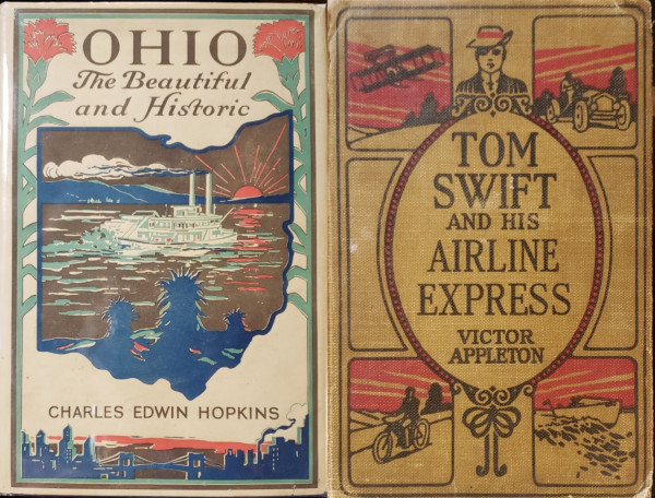A composite photo of two vintage hardcover books arranged side-by-side.

On the left is, "OHIO The Beautiful and Historic" by CHARLES EDWIN HOPKINS.

On the right is, "TOM SWIFT AND HIS AIRLINE EXPRESS" by VICTOR APPLETON.