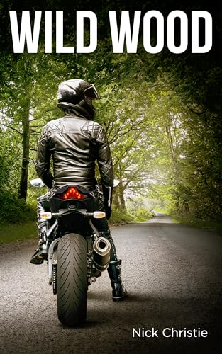 Book cover: Man on a motorcycle, dressed in black leather, boots, and a helmet, stopped on a country road covered by trees on both sides.
