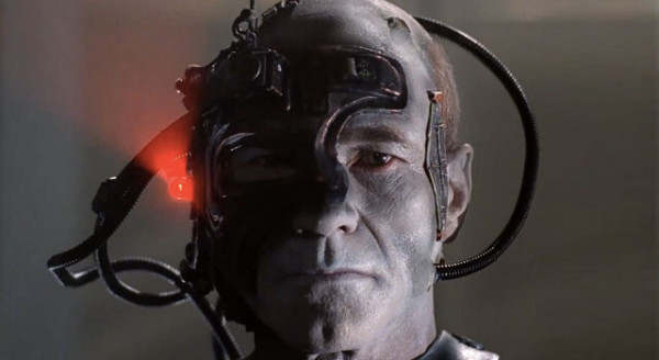 Close up of Picard as Borg. 