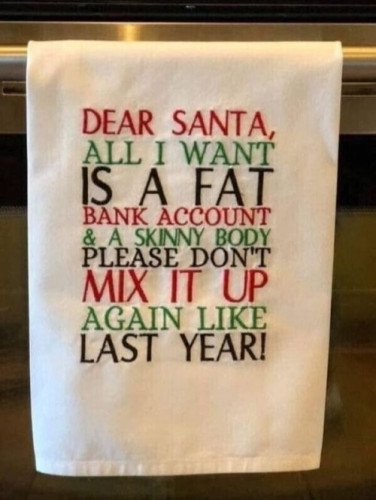 A cross stitched sign saying "Dear Santa, all I want is a fat bank account and a skinny body. Don't mix it up again like last year"