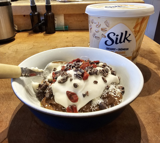 A white ceramic bowl is shown on a counter, filled with a chocolate pudding topped with coconut shreds, goji berries and creamy yoghurt. Behind is a pot of Silk Creamy plant based Oat yoghurt.