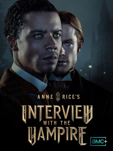 The thumbnail for "Interview with the Vampire (2022)". Lestat stands in the back and is half obscured by Louis, who is standing in front. In the background, a street in New Orleans is shrouded in mist