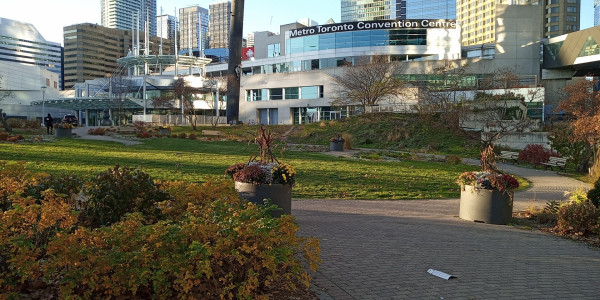 Photo of the Metro Toronto Convention Centre behind a little green hilly park and trees in fall
