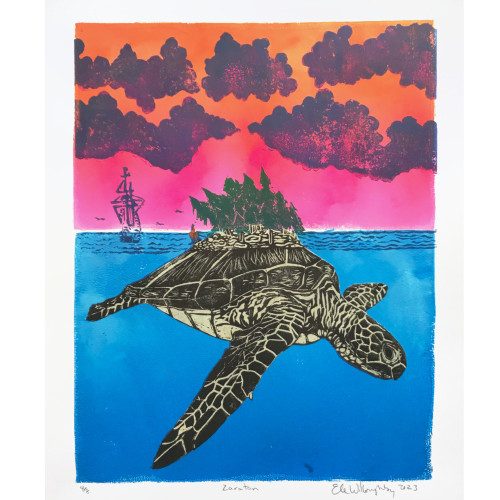 My linocut of one of my favourite mythological creatures: the Zaratan, here in my print a giant sea turtle disguised as an island. There's a small campfire on the supposed beach, and a sailing ship from the age of exploration nearby. The sunset sky is in vibrant fuchsia, tangerine and purple.
