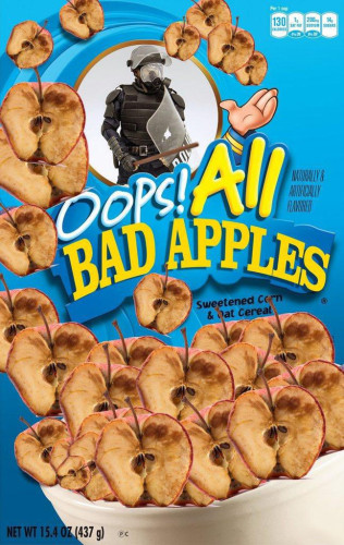 A representation of the "Crunchberry Oops All Berries" breakfast cereal box, where it's "Oops! All Bad Apples" and a pictures of rotten apples in place of cereal, and a policeman in place of Capt. Crunch.