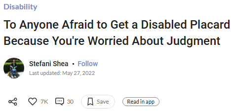 Disability
To Anyone Afraid to Get a Disabled Placard Because You're Worried About Judgment

Stefani Shea  •  
Follow
Last updated: May 27, 2022