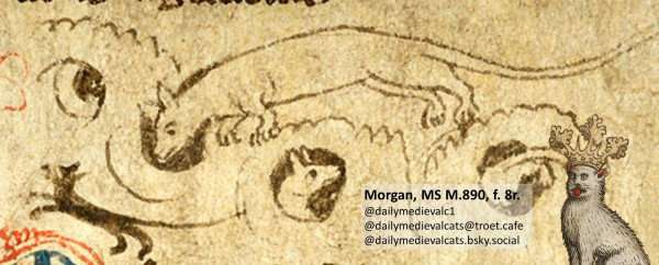 Picture from a medieval manuscript: Line drawing, a cat chases a mouse and sniffs into a hole