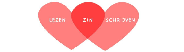 Venndiagram van twee harten.
In het linkerhart staat 'Lezen'
In het rechterhart staat 'Schrijven'
In het overlappende deel staat 'Zin'