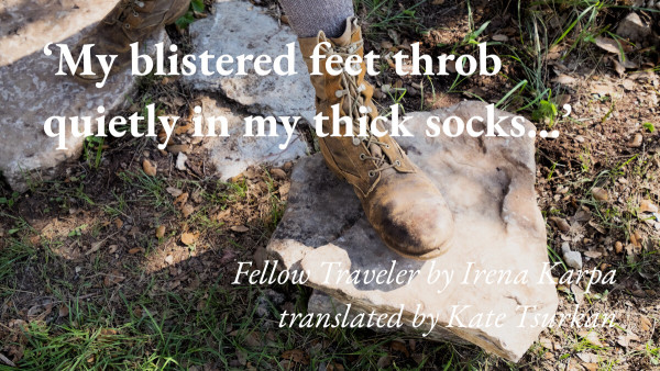 A pair of hiking boots, with a quote from Irena Karpa's short story Fellow Traveler, translated by Kate Tsurkan: 'My blistered feet throb quietly in my thick socks…'