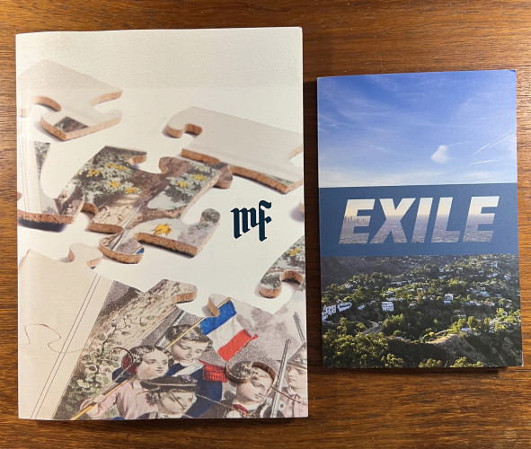 2 covers

left: large format Catalogue 2: French puzzle pieces on cream ground, initials mf in a Fraktur typeface

right: small format exile
color photo of California landscape, "Behind the Hollywood Sign," above which:

EXILE