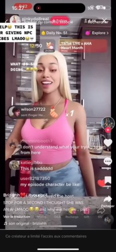 A screencap of the Tiktoker Pinkydollreal, live streaming as an NPC. She wears a pink tank top and the screen is full  of text, including phrases like "Help, this is giving NPC vibes"