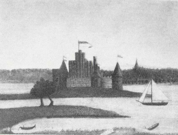 Spätere Darstellung der hölzernen Burg, die 1868 anlässlich eines Besuchs Wilhelms I. auf den Ruinen der historischen Jürgensburg in der Schlei errichtet wurde.