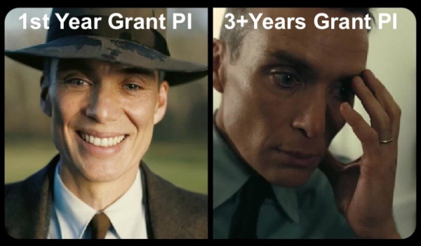 Two side-by-side pics from the Oppenheimer movie. Left, Cillian Murphy, actor who plays Oppenheimer is super happy. Right, he's super stressed. 