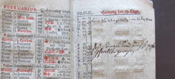 Handwritten entry in February 1740 into a printed writing calendar: „Deß Königs Lincke Bein sehr geschwollen gewesen“. 