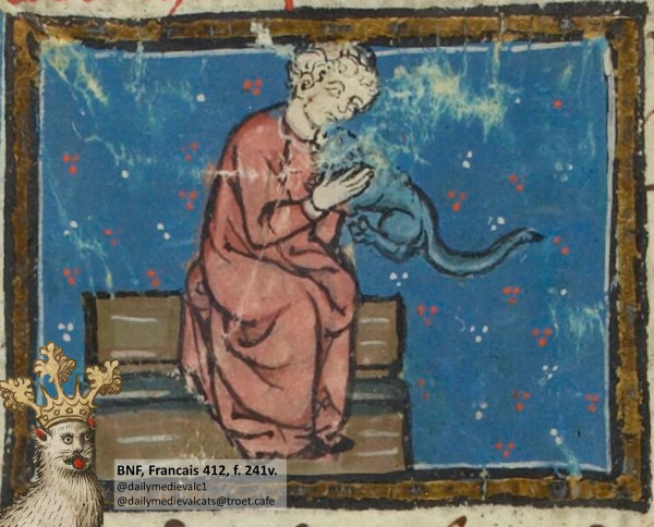 Picture from a medieval manuscript: A man holds a cat with him and looks anxiously to the side
