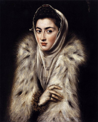Portrait of Catalina Micaela of Spain painted by Sofia Anguissola. Catalina Micaela sears a fine, see-through headscarf wrapped around her dark hair. She looks just to the right of the viewer.  She wears a furred coat and several rings and a visible necklace.