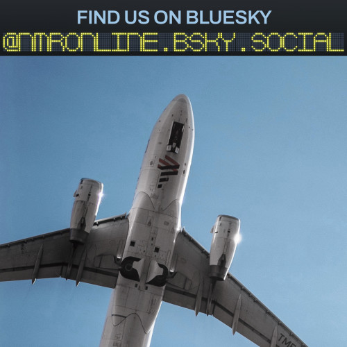 A view of the undercarriage of a plane taking off immediately over head, as seen from the ground. The banner contains a URL of where to find NMR Online on Bluesky: @nmronline.bsky.social