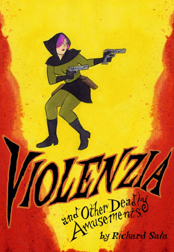 Cover art with purple-haired titular character, dual-wielding pistols in a green and black outfit. The background colors and shapes recall flames and the text is a spiky serif.