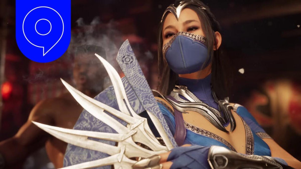 Kitana from Mortal Kombat 1 displaying the business end (knives exposed) of her deadly fan.