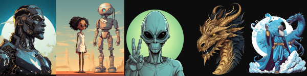 Photo banner of graphic sci-fi and fantasy images featuring (left to right) a cyborg, a Black girl with her robot companion, a green alien holing up the "peace" sign, a golden dragon, and a wizard with his blue dragon.
