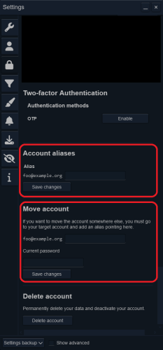 Account migration settings in Pleroma screenshot.