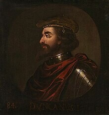 Imagined portrait of Duncan I (Donnchad mac Crinain). He looks to the viewer's left, wears armor and a cap. 