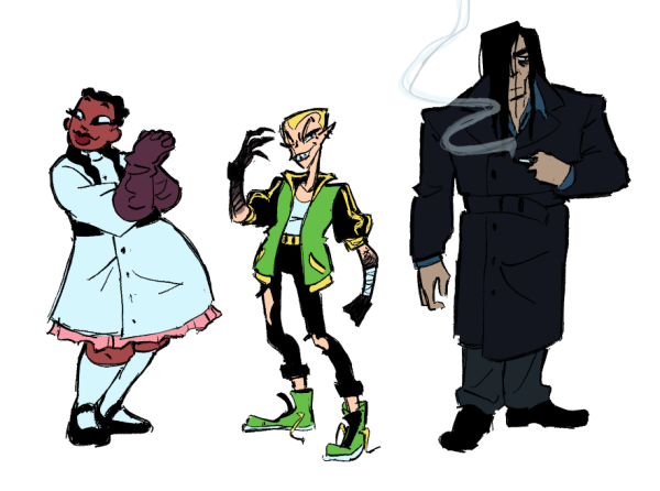 A digital illustration of three characters standing in a row. The one on the far left is a dark-skinned girl with black braids wearing an old fashioned lab coat with a pink skirt peeking underneath. The one in the middle is a pale-skinned teenager with a blonde buzz-cut wearing a green jacket with black sleeves, black torn jeans, and green sneakers. The one on the far right is a tan-skinned man with long black hair wearing a dark grey trench-coat, a dark blue dress shirt, and charcoal grey trousers.