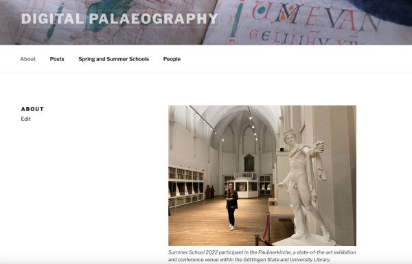 Screenshot of a website with the words "Digital Palaeography" at the top and the "About" page in the centre, with a photo of a student in a library.