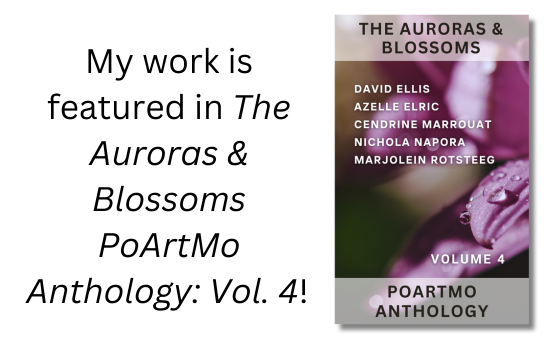 contributors image to promote 'The Auroras & Blossoms PoArtMo Anthology: Vol. 4, text and cover with purple flowers with dew or raindrops and the names of the five contributors.